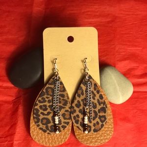 Lightweight leather earrings, leopard print and brown, beaded.